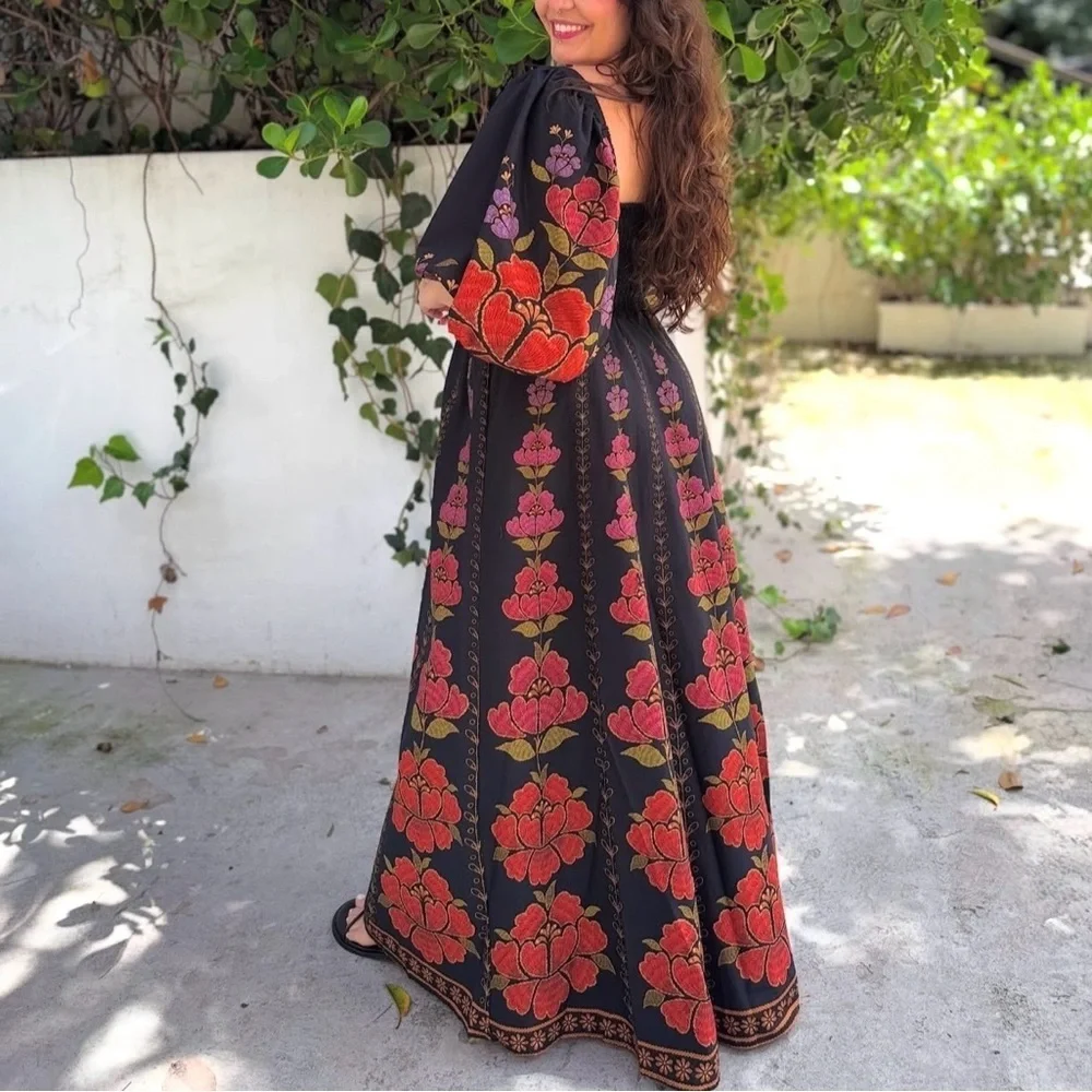 FARM Rio Black and Red Floral Long Dress Size S